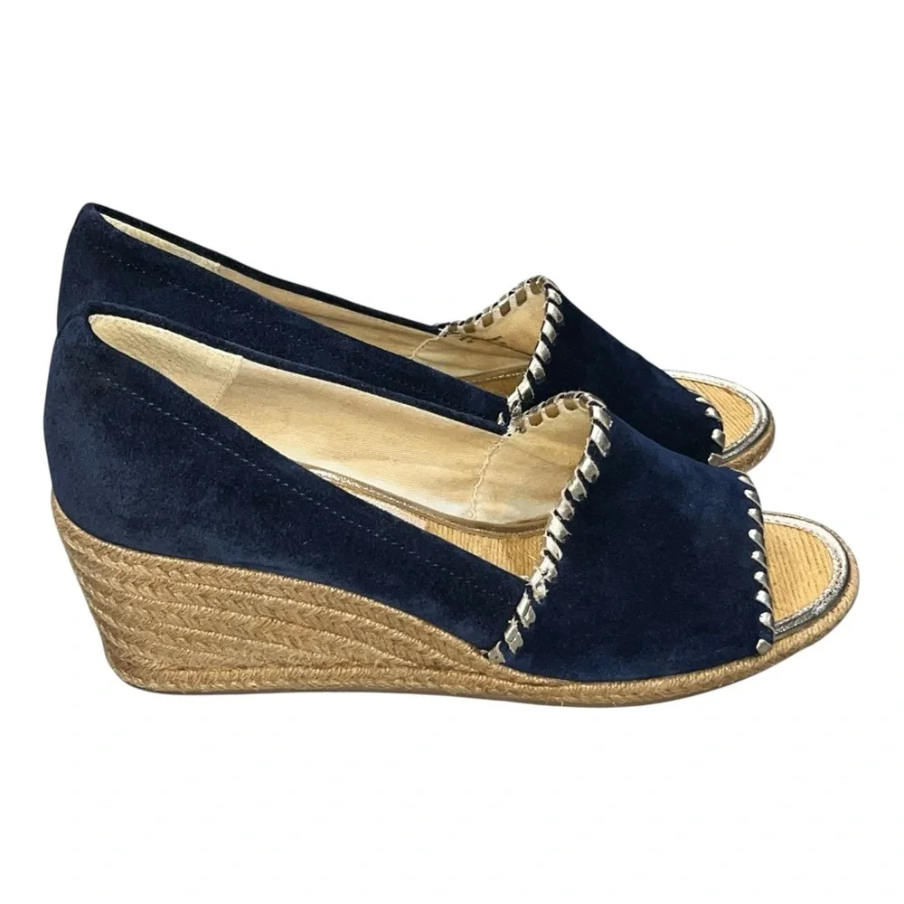 Jack Rogers Blue Suede Palmer Jute Wrapped Wedge Espadrille Peeptoe Shoes 9.5